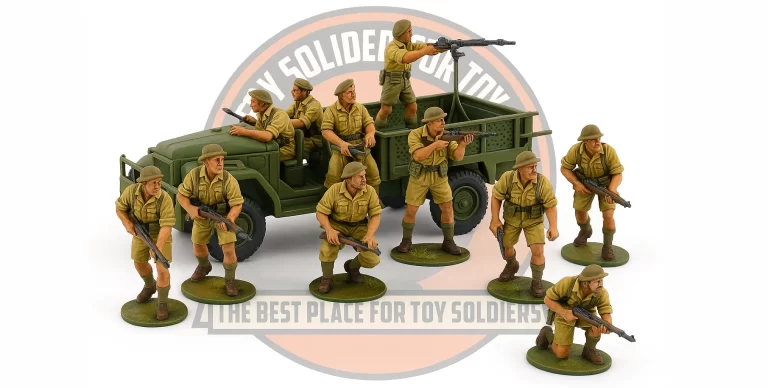 Toy soldiers posed on a battlefield