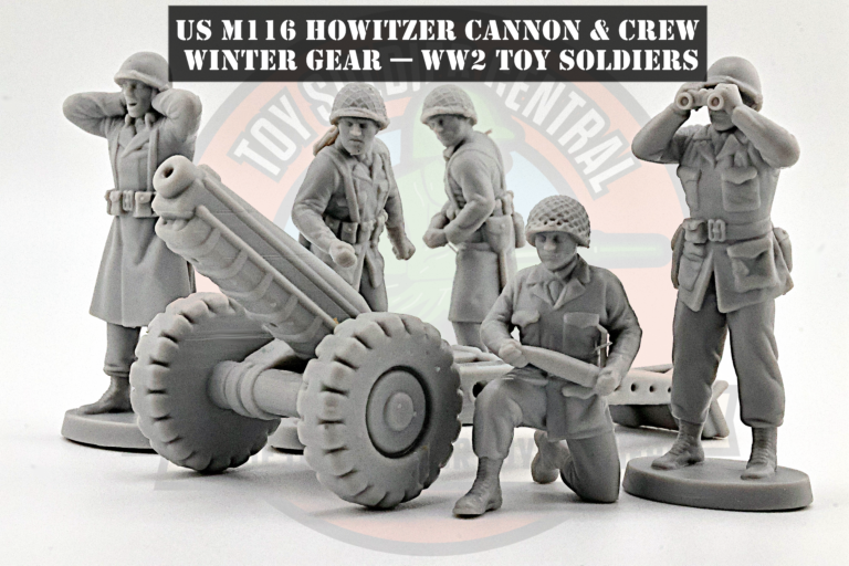 WW2 US M116 Howitzer Cannon And Crew In Winter Gear