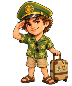 Field Marshal in vacation clothes, saluting beside his suitcase.