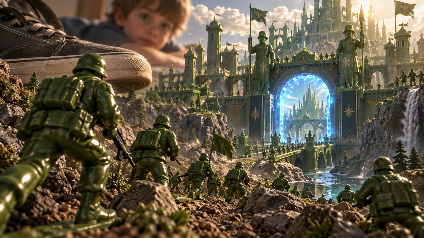Green soldiers crossing rocky terrain toward their civilization.