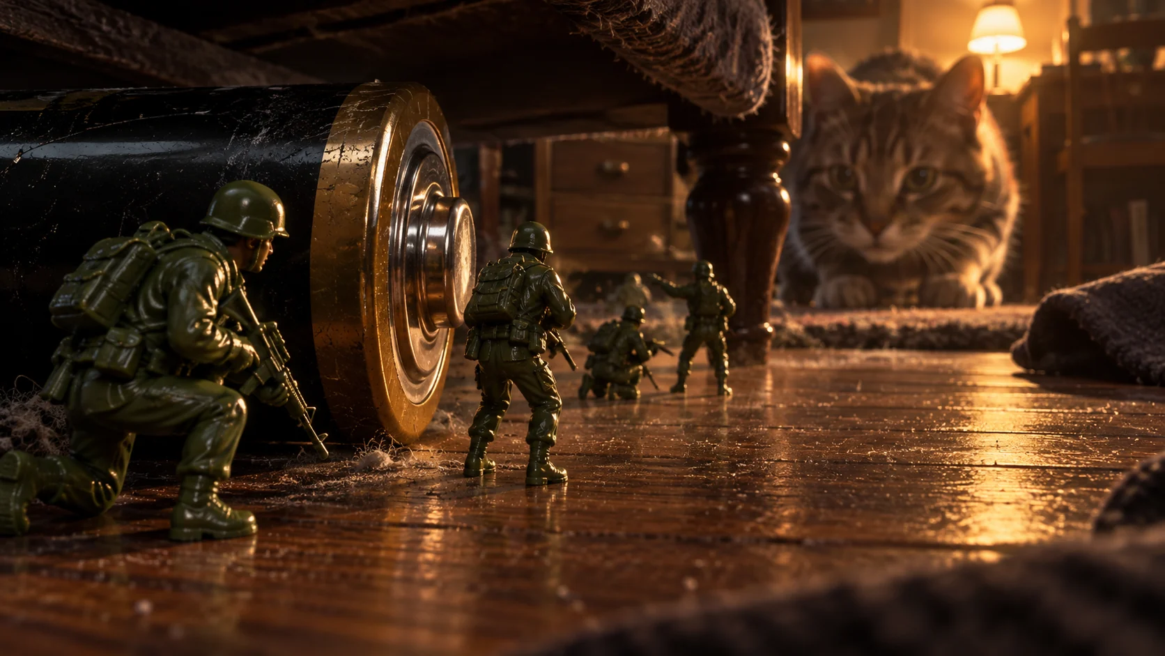 Tiny soldiers explore a human room at immense scale.