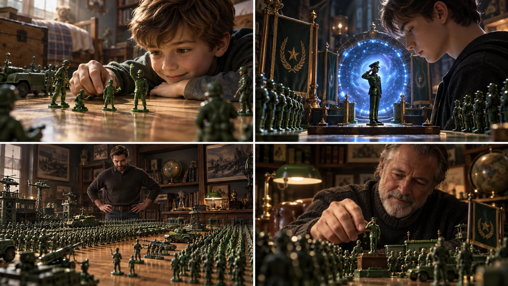 Four concept scenes: a child discovers living soldiers, a young officer receives a Commission, an adult commands a tabletop army, and an elder collector continues their service.